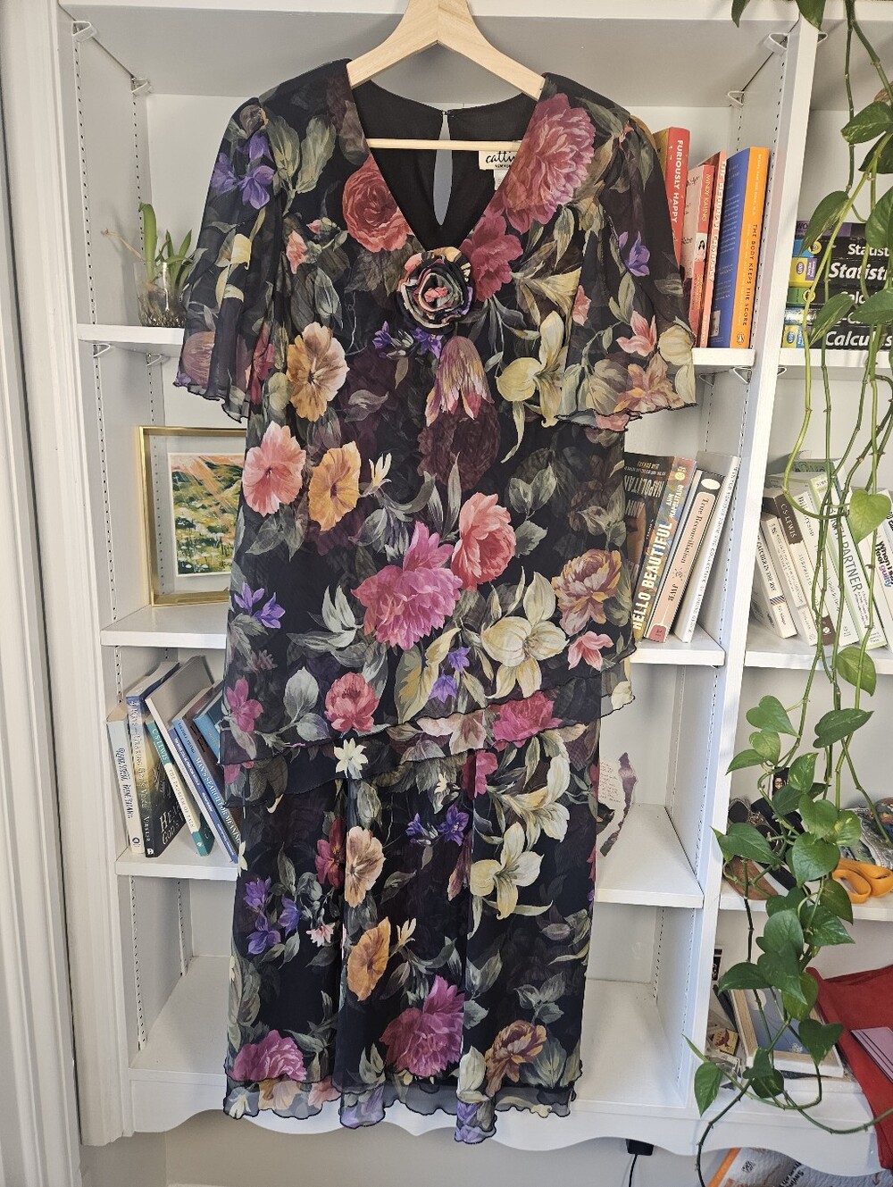 Vintage Black Floral Midi Dress Rosette Size 12 / Large Romantic Fairy Boho